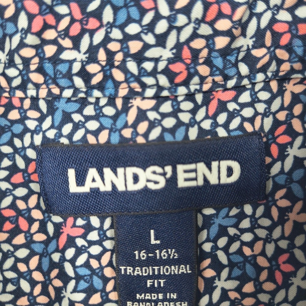 Lands End Men Large Short Sleeve Button Down Shirt Floral Leaf Print Blue 516413